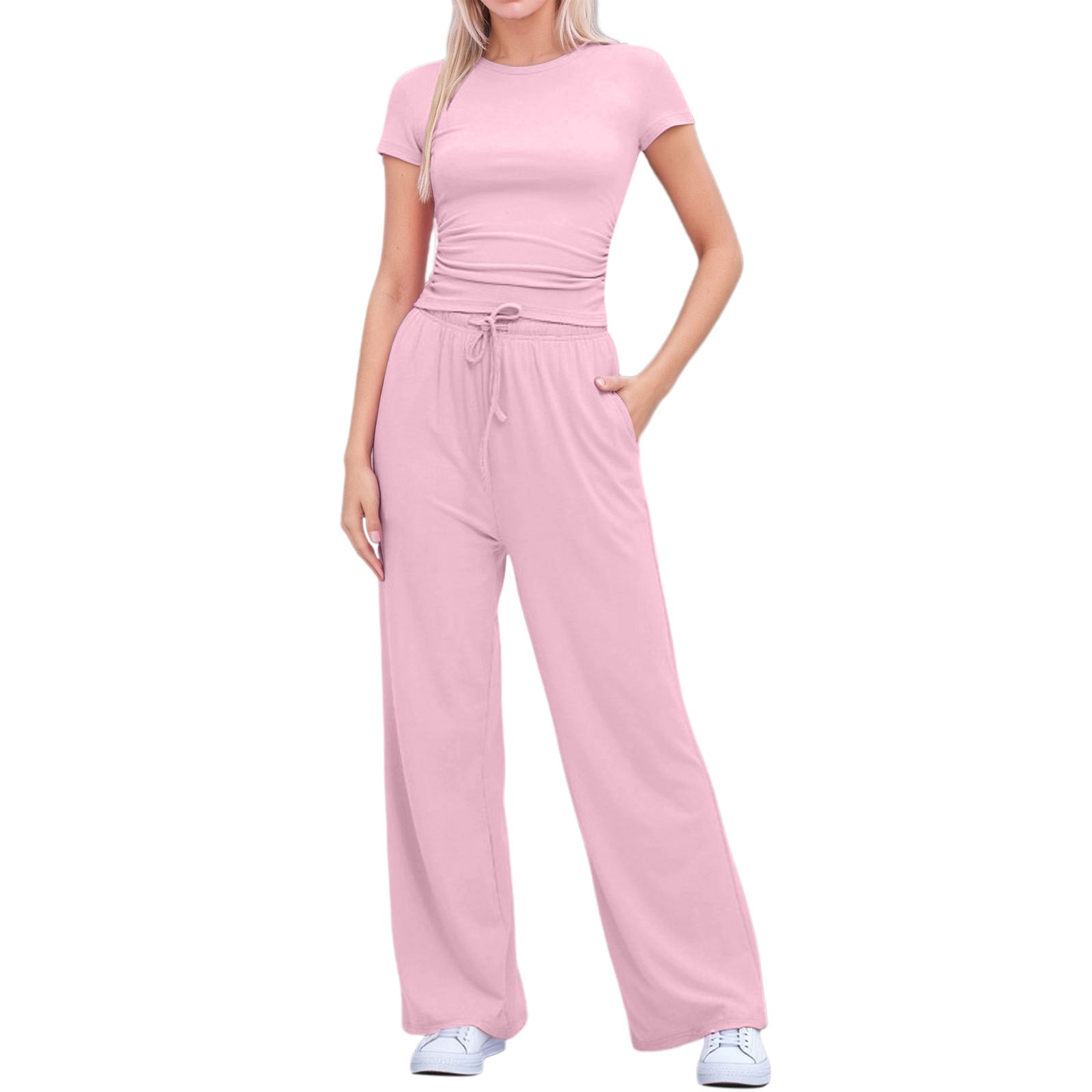 thumbnail image 1 of Conjunto de 2 piezas para mujer: top corto fruncido y pantalones anchos. Ligero y elástico. Ideal para viajes, vacaciones y ropa deportiva., 1 of 8
